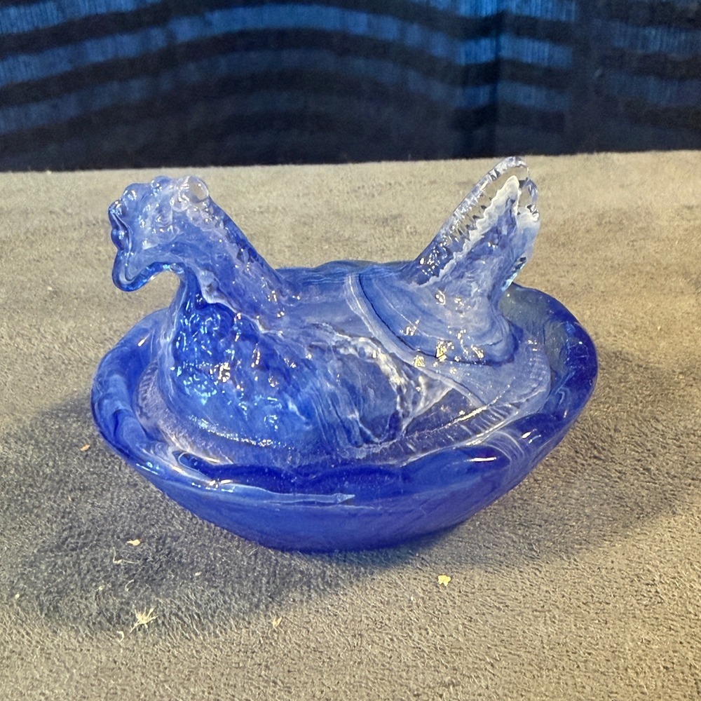 Vintage Cobalt Blue Slag Glass Hen on Nest Trinket Dish Marbled Lidded Bowl 2.5"